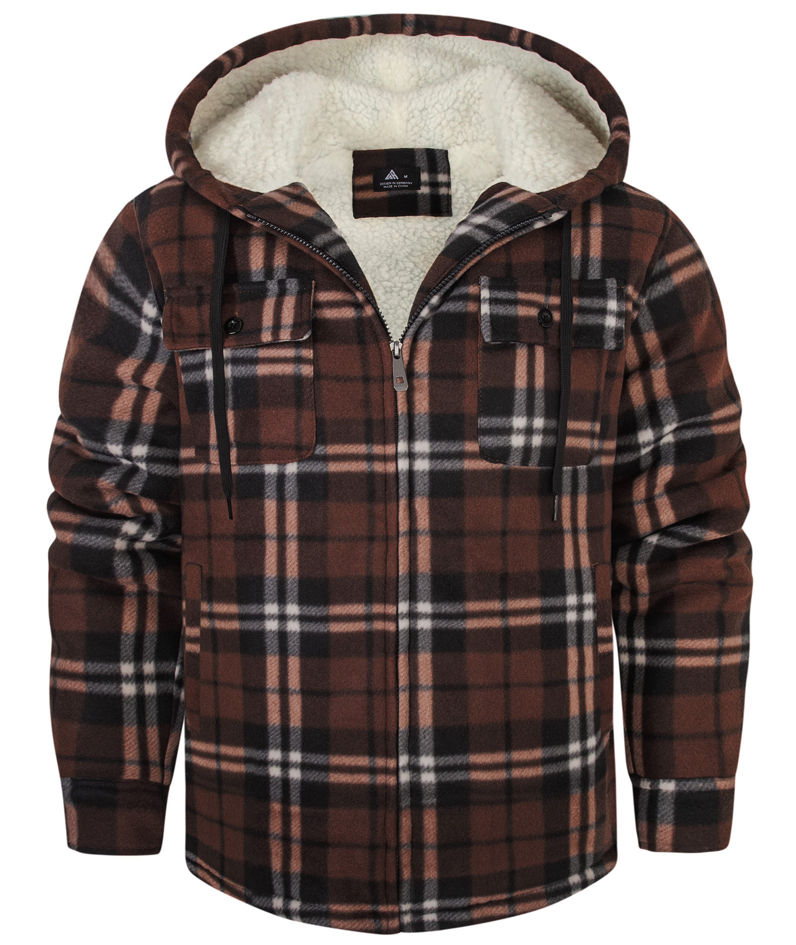 Men's Long Sleeve Full Zipper Fleece Plaid Hoodie-CFMGF00001