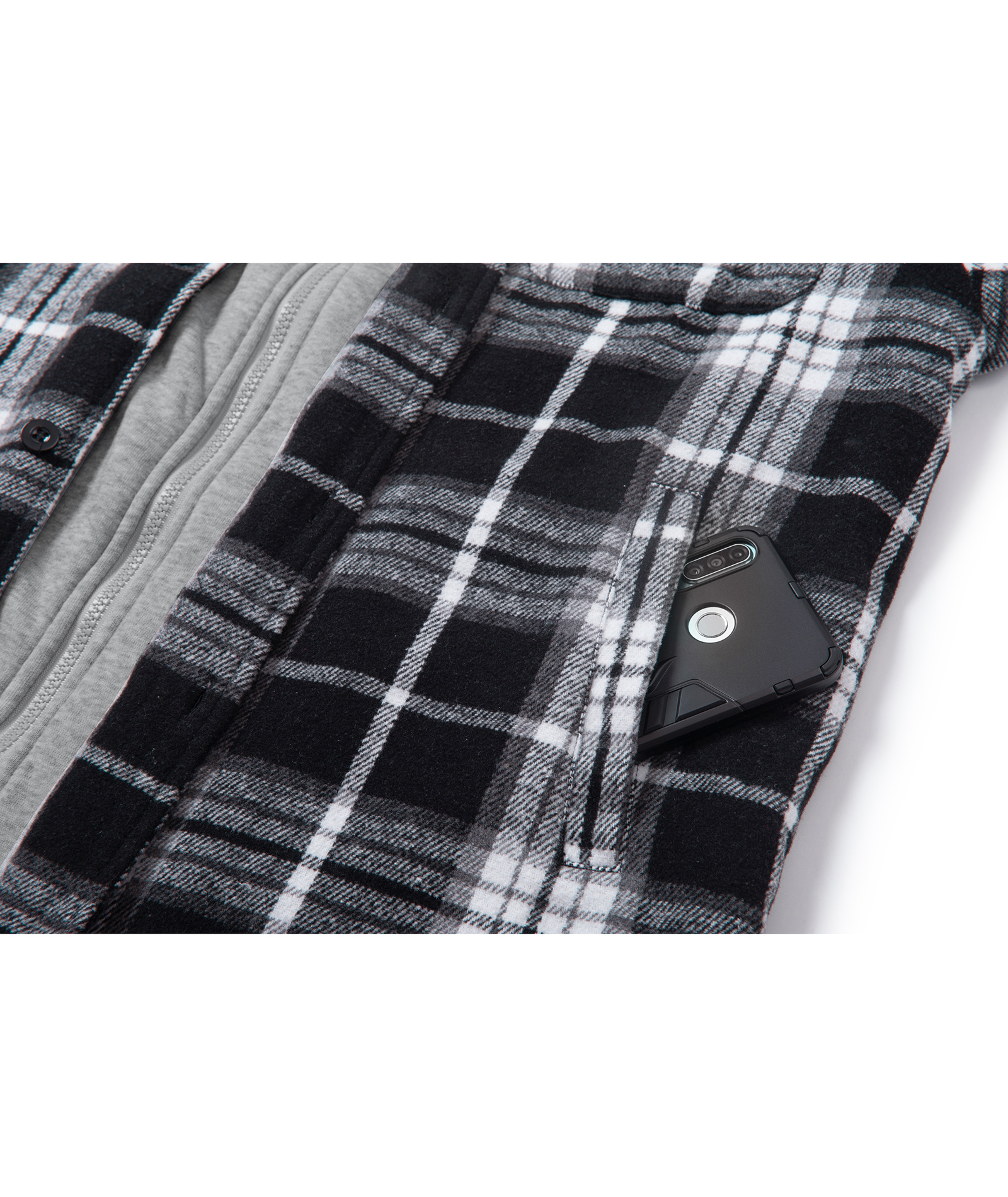 Men's Full Zipper Long Sleeve Fleece Plaid Hoodie-CUMJA04083