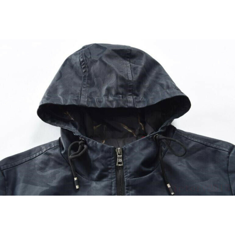 JACKETW Men's Hooded Leather Zipper Mid Long Biker Slim Fit Jacket- ZH119