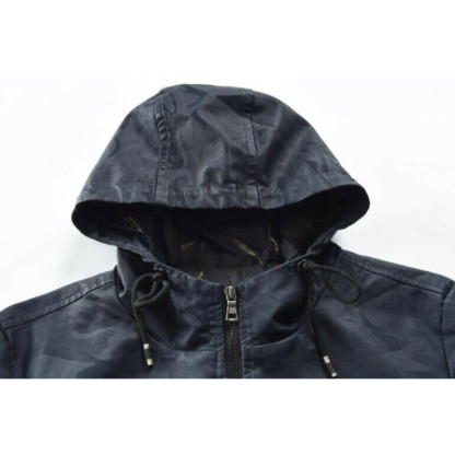 JACKETW Men's Hooded Leather Zipper Mid Long Biker Slim Fit Jacket- ZH119