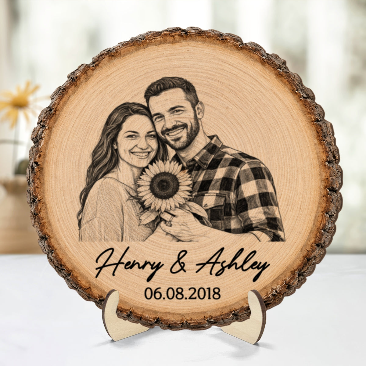 Custom Photo Sketch Couple Plaque – Personalized 2-Layer Wooden Keepsake With Names & Date