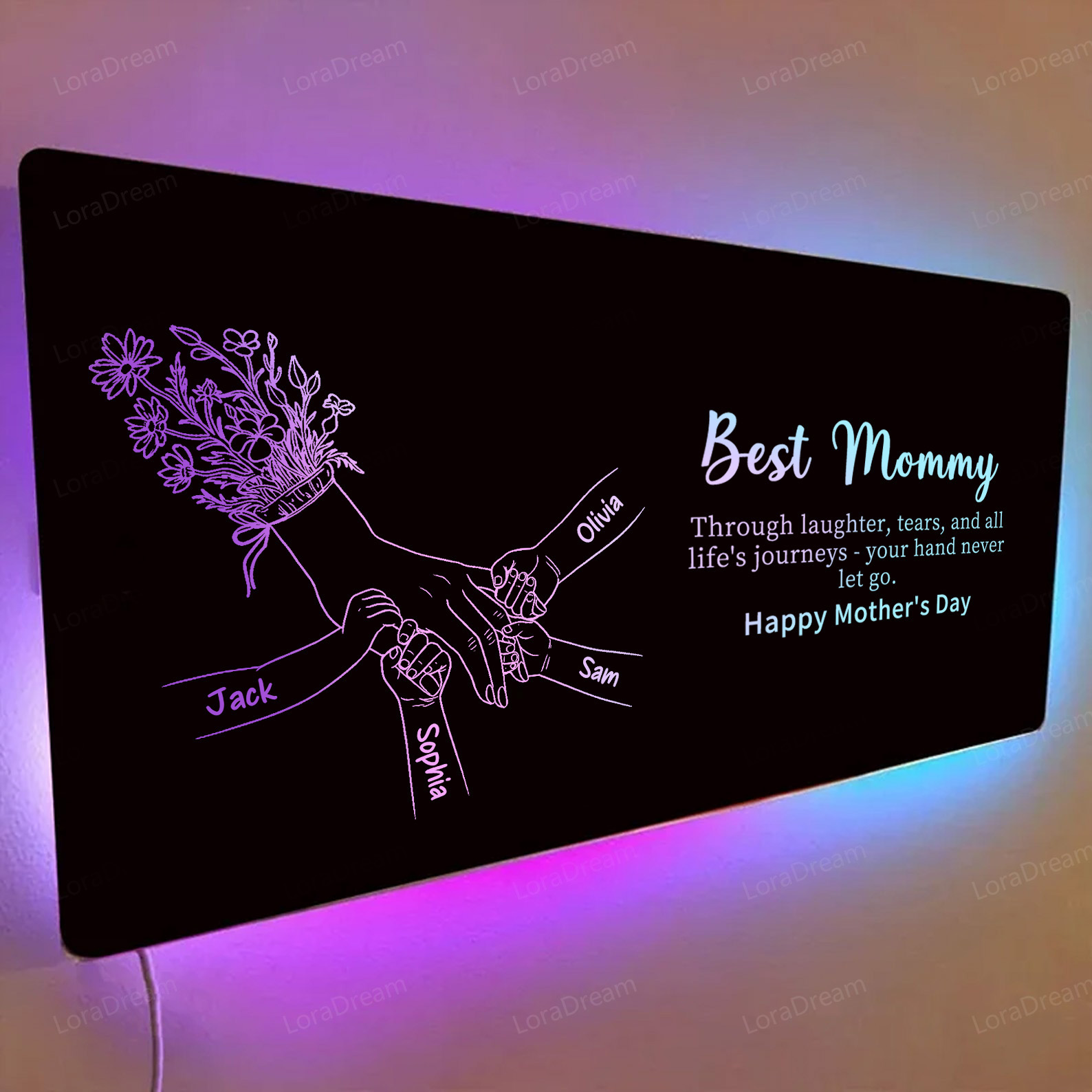 Custom Mom Holding Hands Mirror Light - Personalized Mother‘s Day Gifts with Choice of Bouquet for Mom