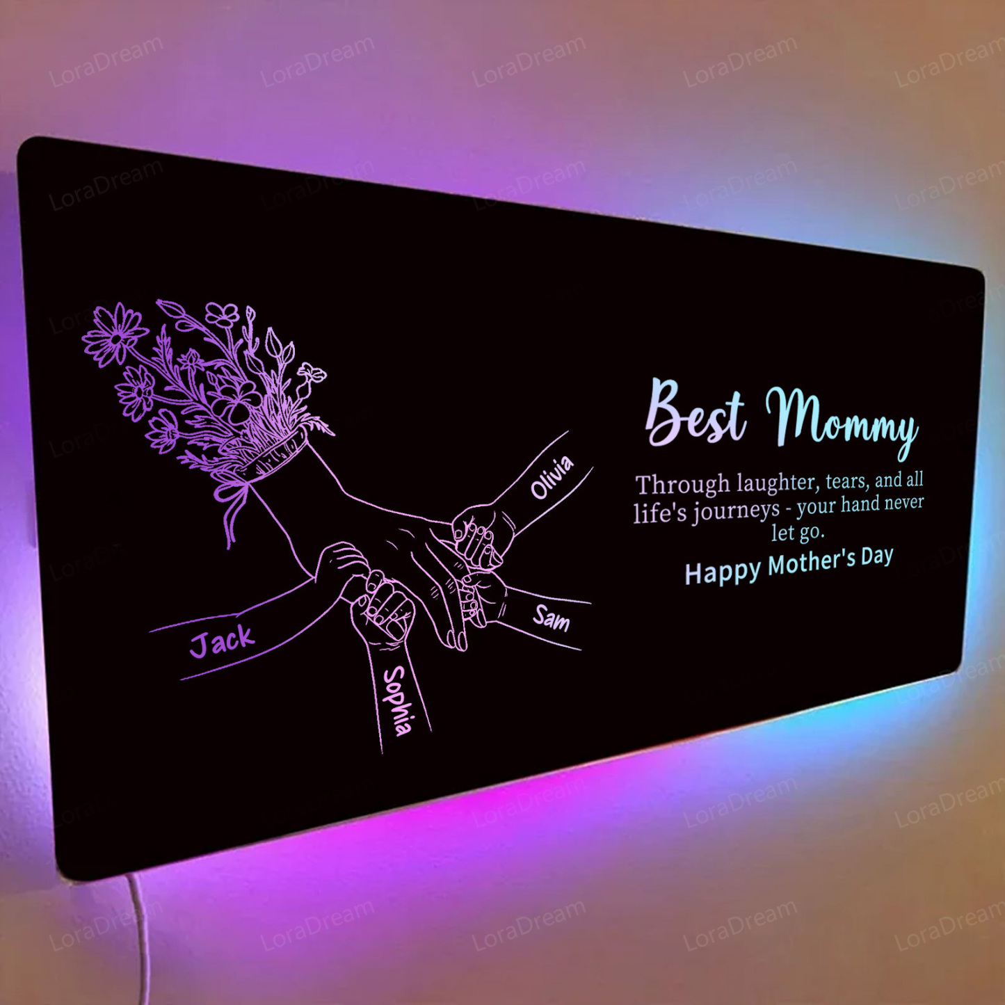 Custom Mom Holding Hands Mirror Light - Personalized Mother‘s Day Gifts with Choice of Bouquet for Mom