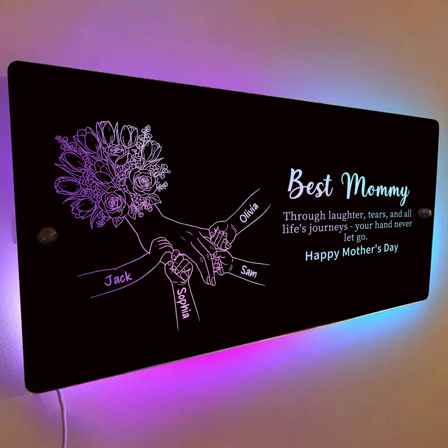 (Tulip & Rose) Personalized Mom Holding Hands Mirror Light - Custom Mother‘s Day Gifts for Mom