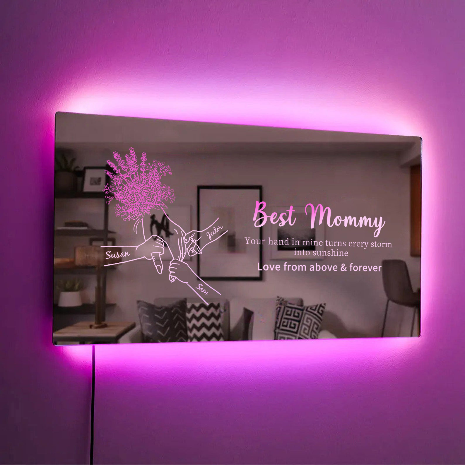 Custom Mom Holding Hands Mirror Light with Choice of Bouquet - Personalized Mother‘s Day Gifts for Mom