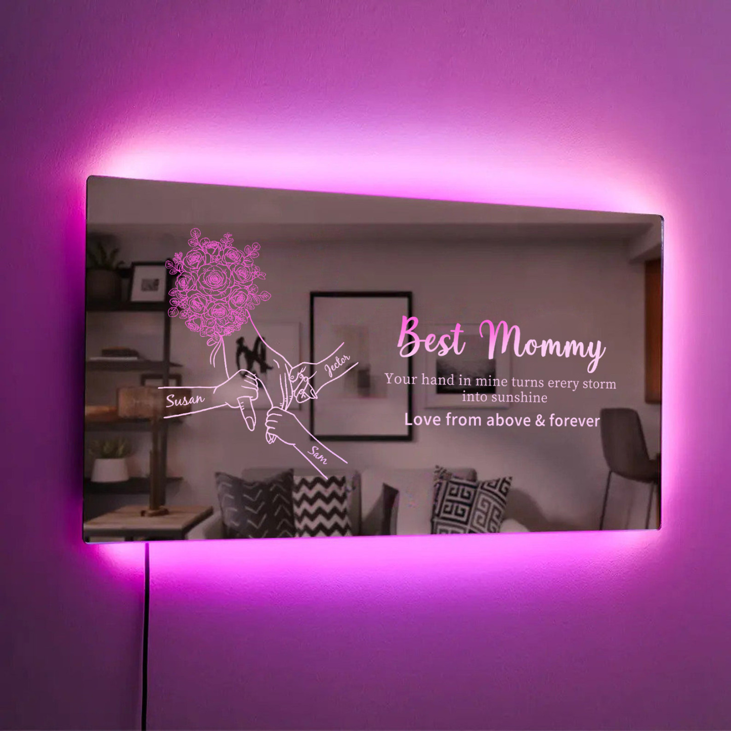 Custom Mom Holding Hands Mirror Light with Choice of Bouquet - Personalized Mother‘s Day Gifts for Mom