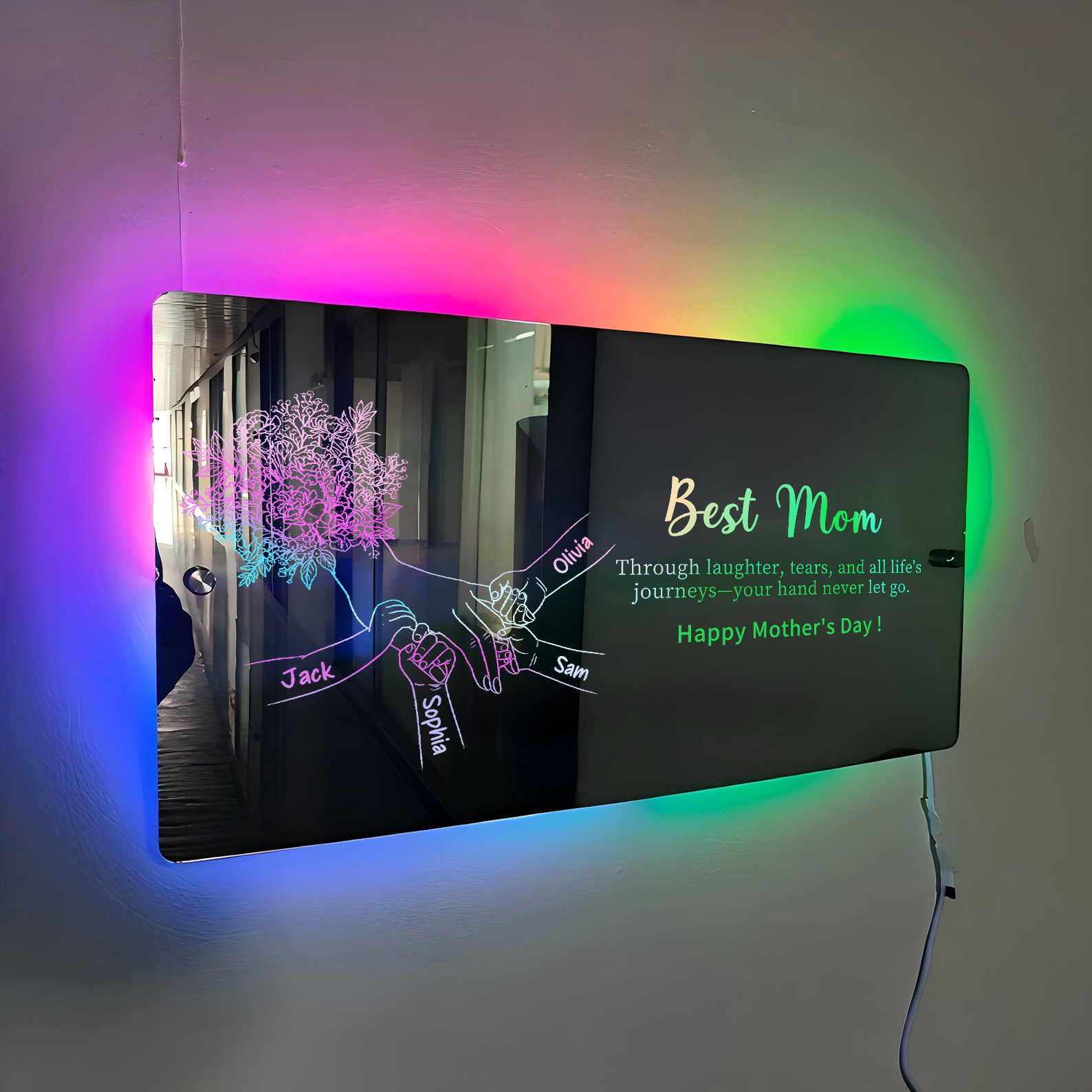 (Carnation) Personalized Mom Holding Hands Mirror Light - Custom Mother‘s Day Gifts for Mom
