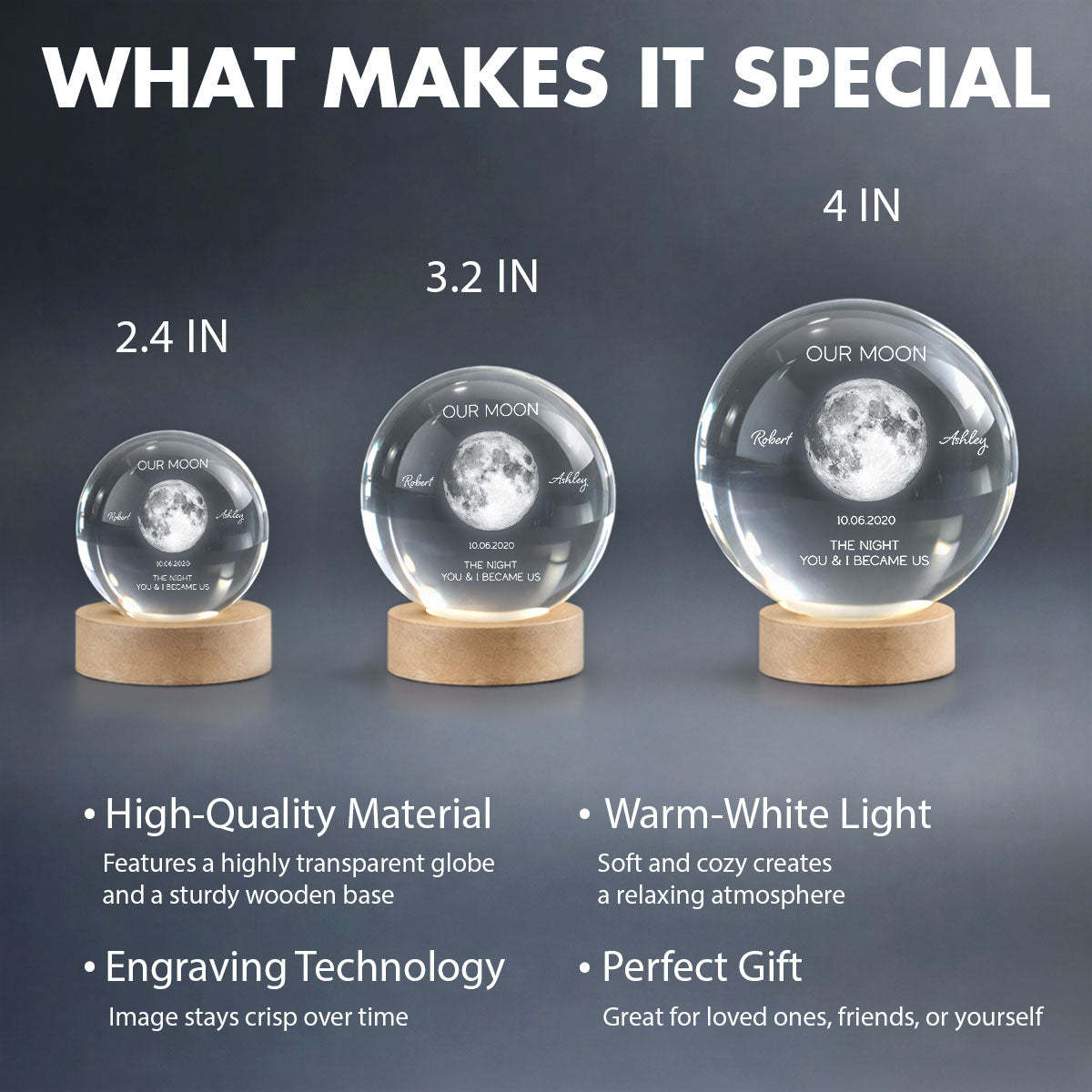 Personalized Moon Phase Crystal Ball Night Light - Custom Date Gift for Mom & Her - Unique Anniversary or Birthday Keepsake