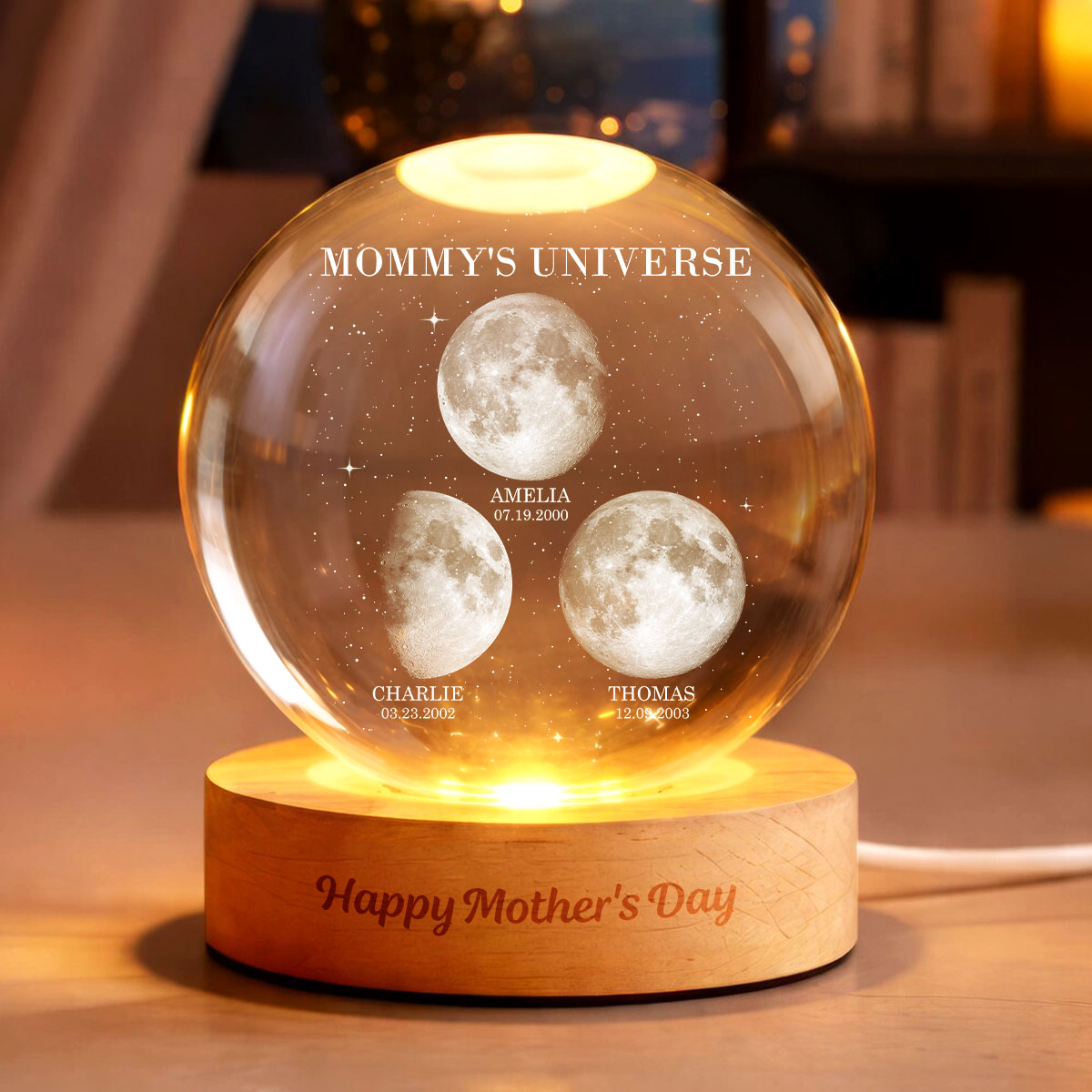 Personalized Moon Phase Crystal Ball Night Light – Custom Date LED Gift for Mom, Wife (Mother’s Day Gift)