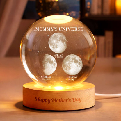 Personalized Moon Phase Crystal Ball Night Light – Custom Date LED Gift for Mom, Wife (Mother’s Day Gift)
