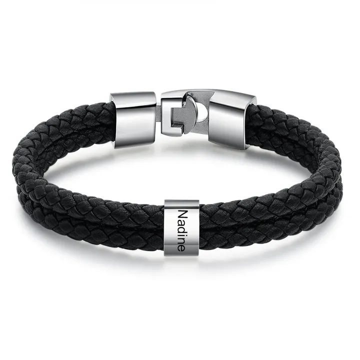 Personalised Braided Leather Bracelet Engraved 1 Name Men's Bracelet Gifts For Him