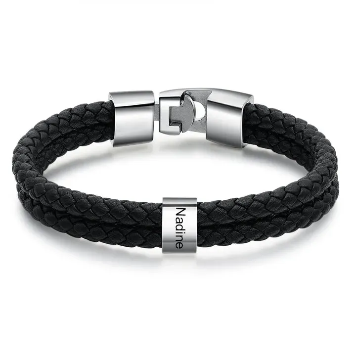 Personalised Braided Leather Bracelet Engraved 1 Name Men's Bracelet Gifts For Him
