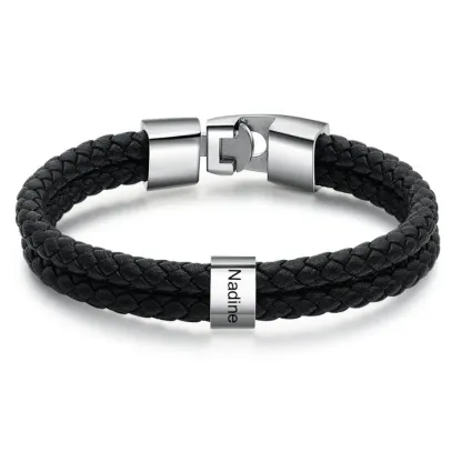 Personalised Braided Leather Bracelet Engraved 1 Name Men's Bracelet Gifts For Him