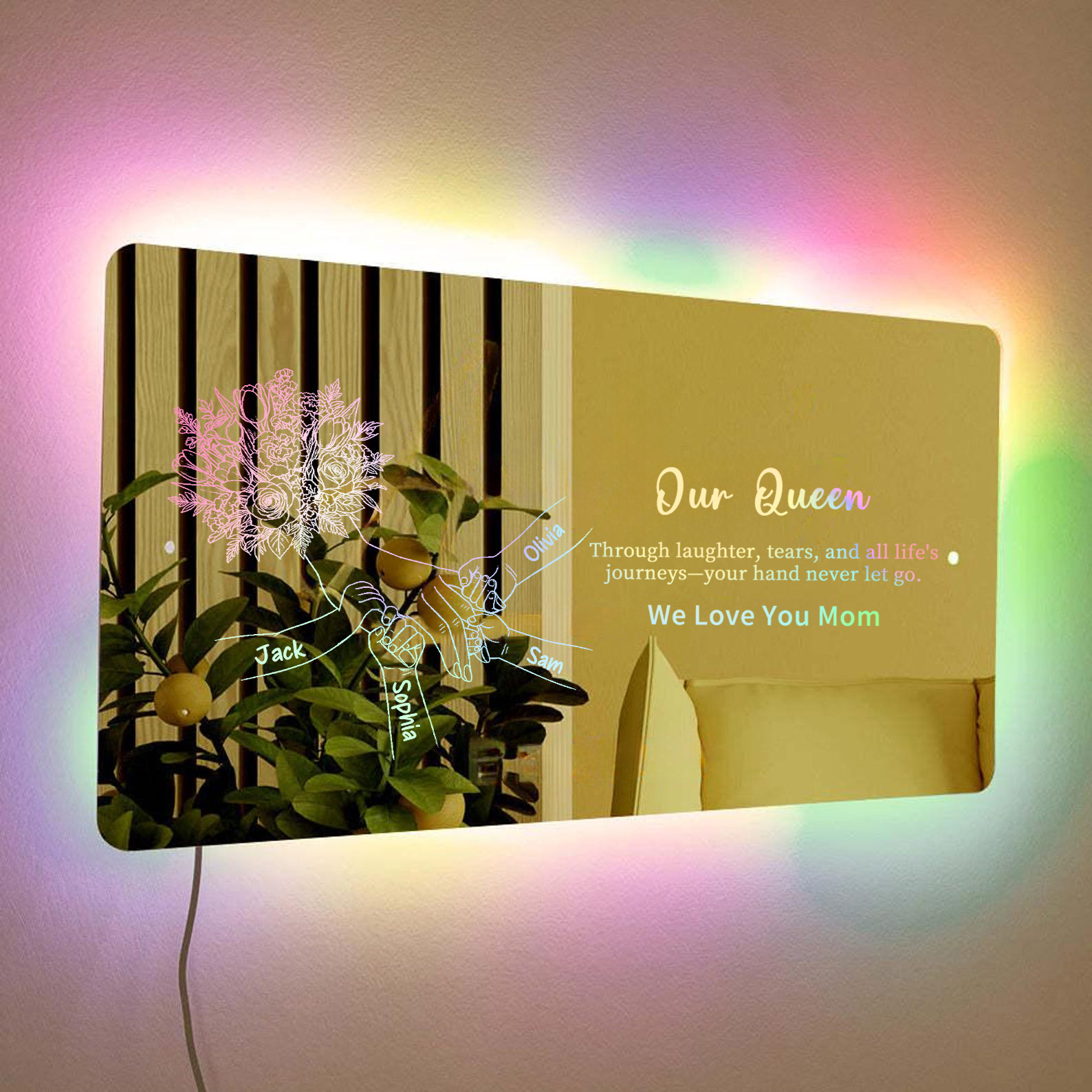 (Tulip, Rose & Carnation) Personalized Mom Holding Hands Mirror Light - Custom Mother‘s Day Gifts for Mom
