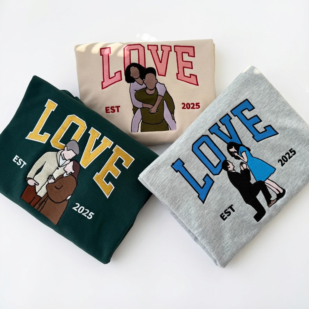 Personalized Embroidered Couple Photo Sweatshirt – LOVE Est. Year, The Perfect Valentine’s Gift