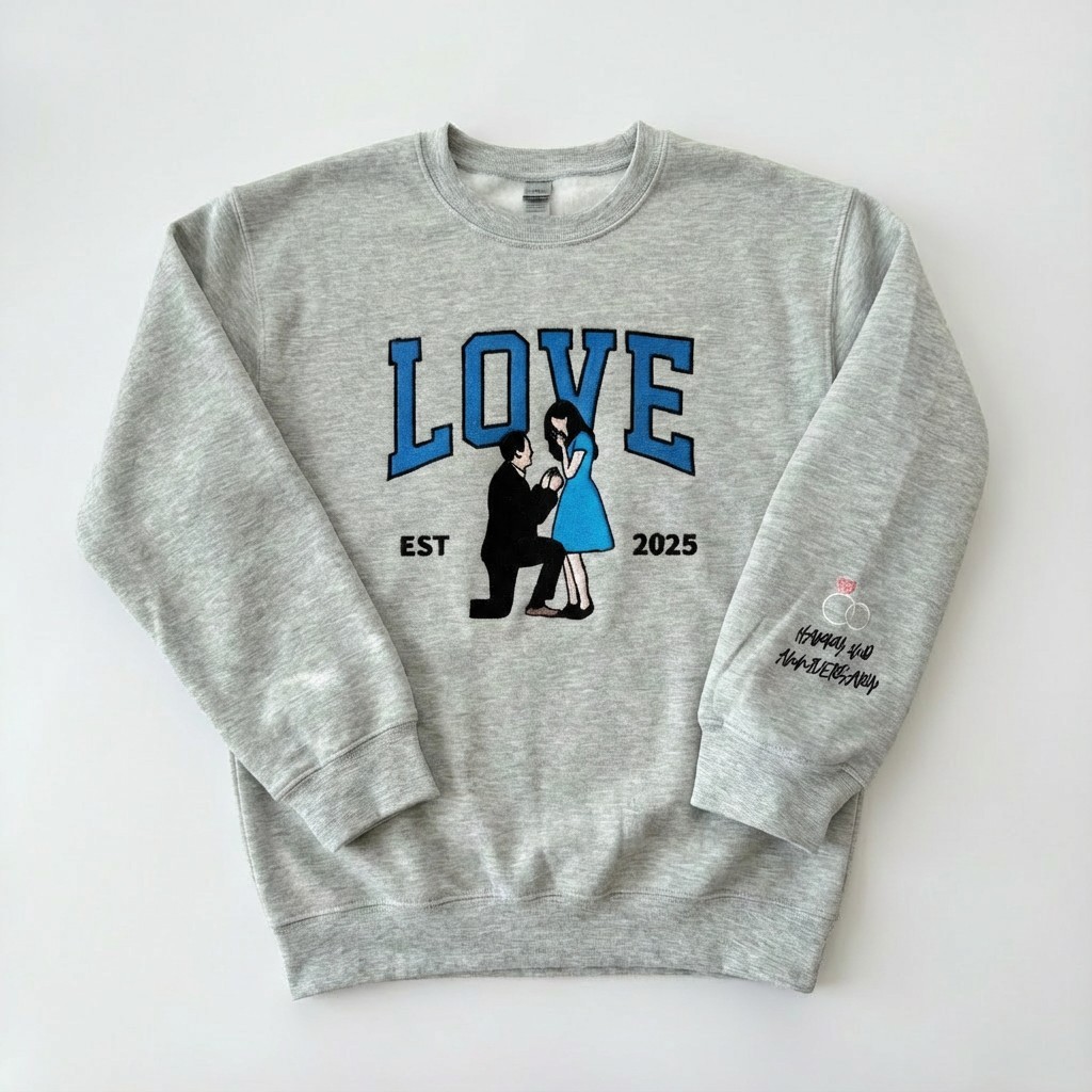 Personalized Embroidered Couple Photo Sweatshirt – LOVE Est. Year, The Perfect Valentine’s Gift