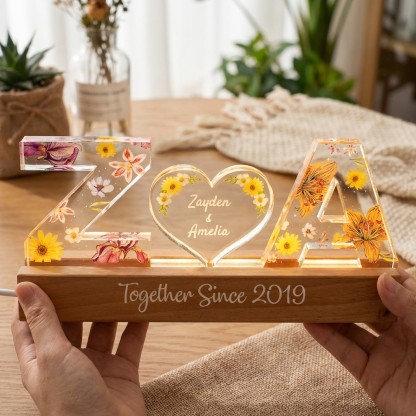 Couple Initials Floral Theme Anniversary Gift Personalized Acrylic Block LED Night Light