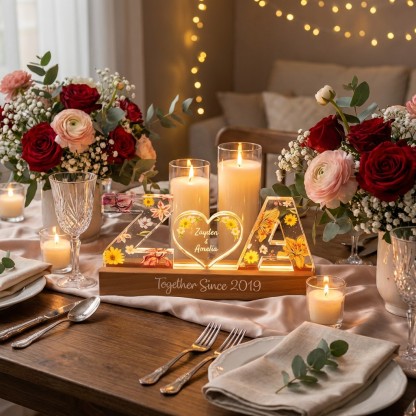 Couple Initials Floral Theme Anniversary Gift Personalized Acrylic Block LED Night Light