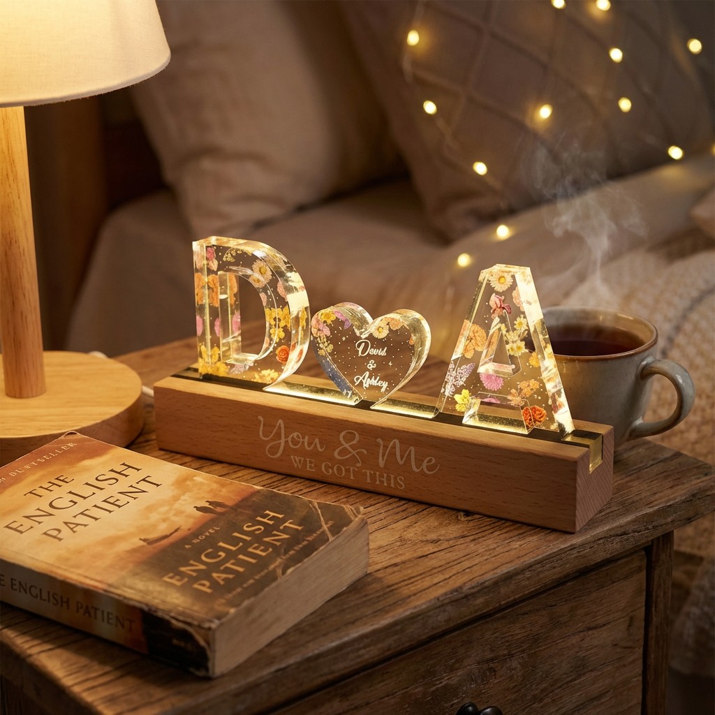 Couple Initials Floral Theme Anniversary Gift Personalized Acrylic Block LED Night Light