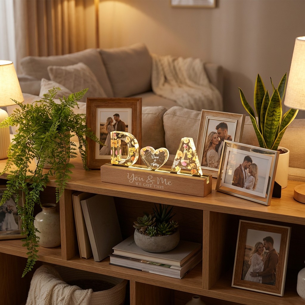 Couple Initials Floral Theme Anniversary Gift Personalized Acrylic Block LED Night Light