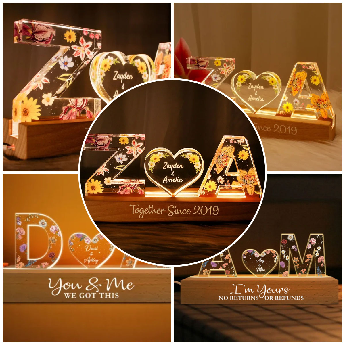 Couple Initials Floral Theme Anniversary Gift Personalized Acrylic Block LED Night Light