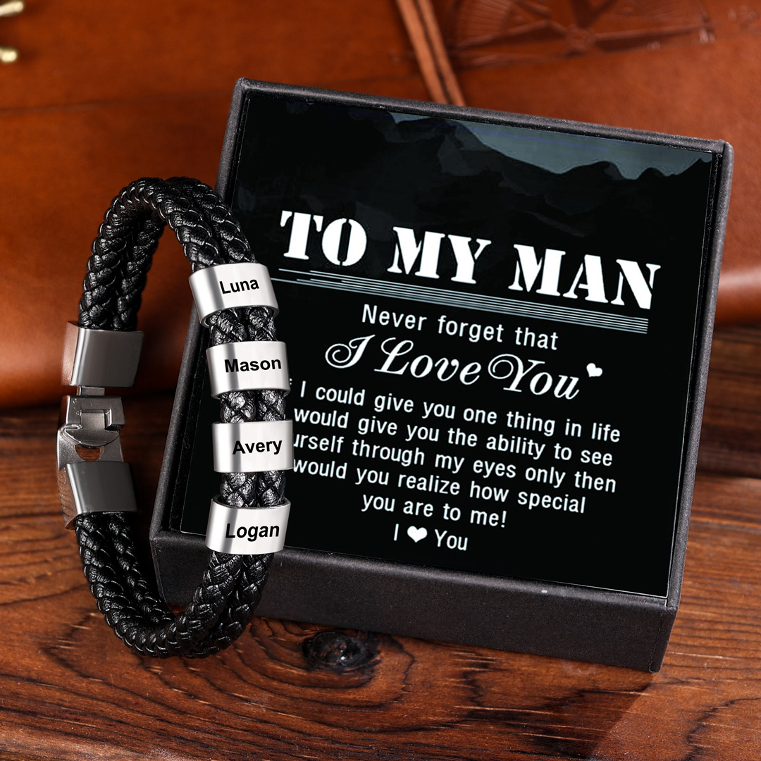 Personalised Braided Leather Bracelet Engraved 1 Name Men's Bracelet Gifts For Him