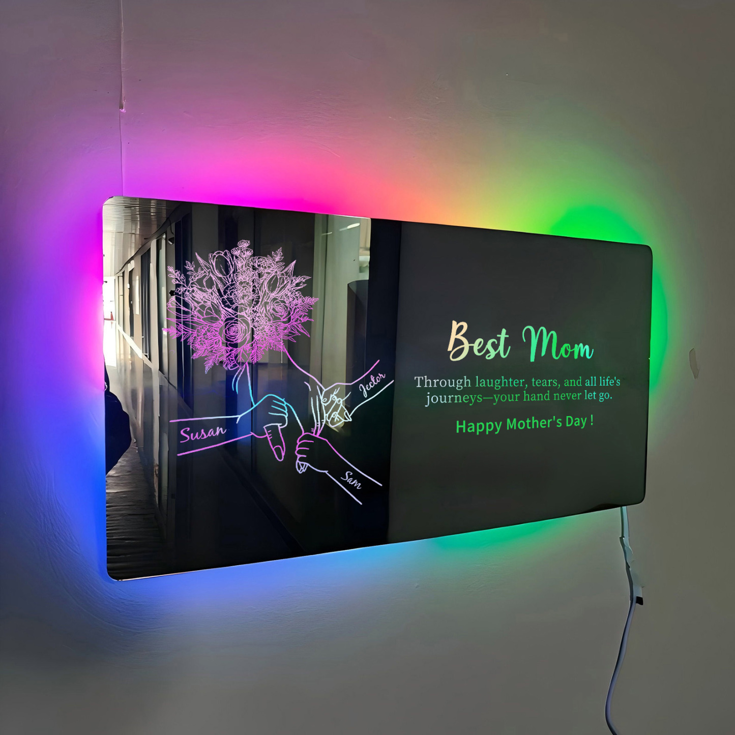 Custom Mom Holding Hands Mirror Light with Choice of Bouquet - Personalized Mother‘s Day Gifts for Mom