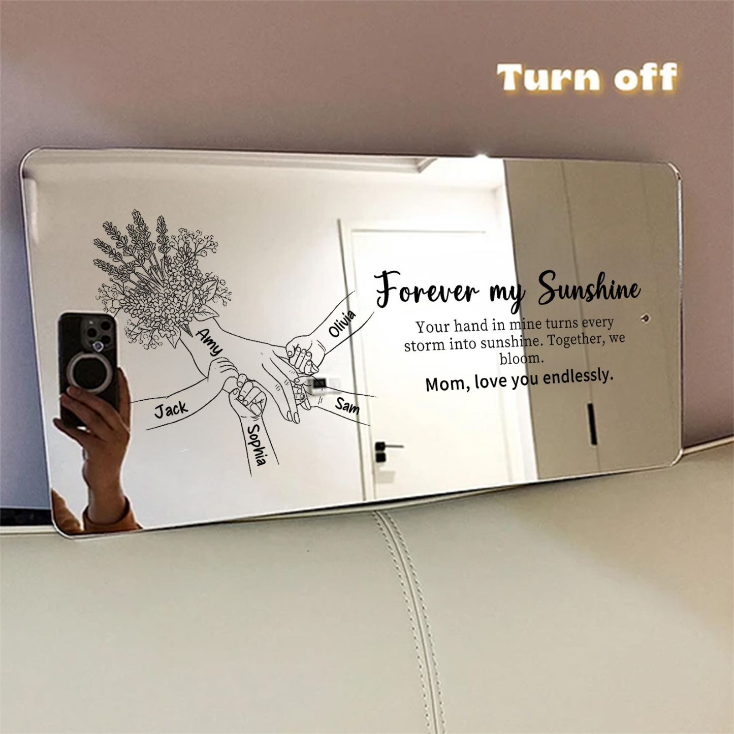 (Lavender) Personalized Mom Holding Hands Mirror Light - Custom Mother‘s Day Gifts for Mom