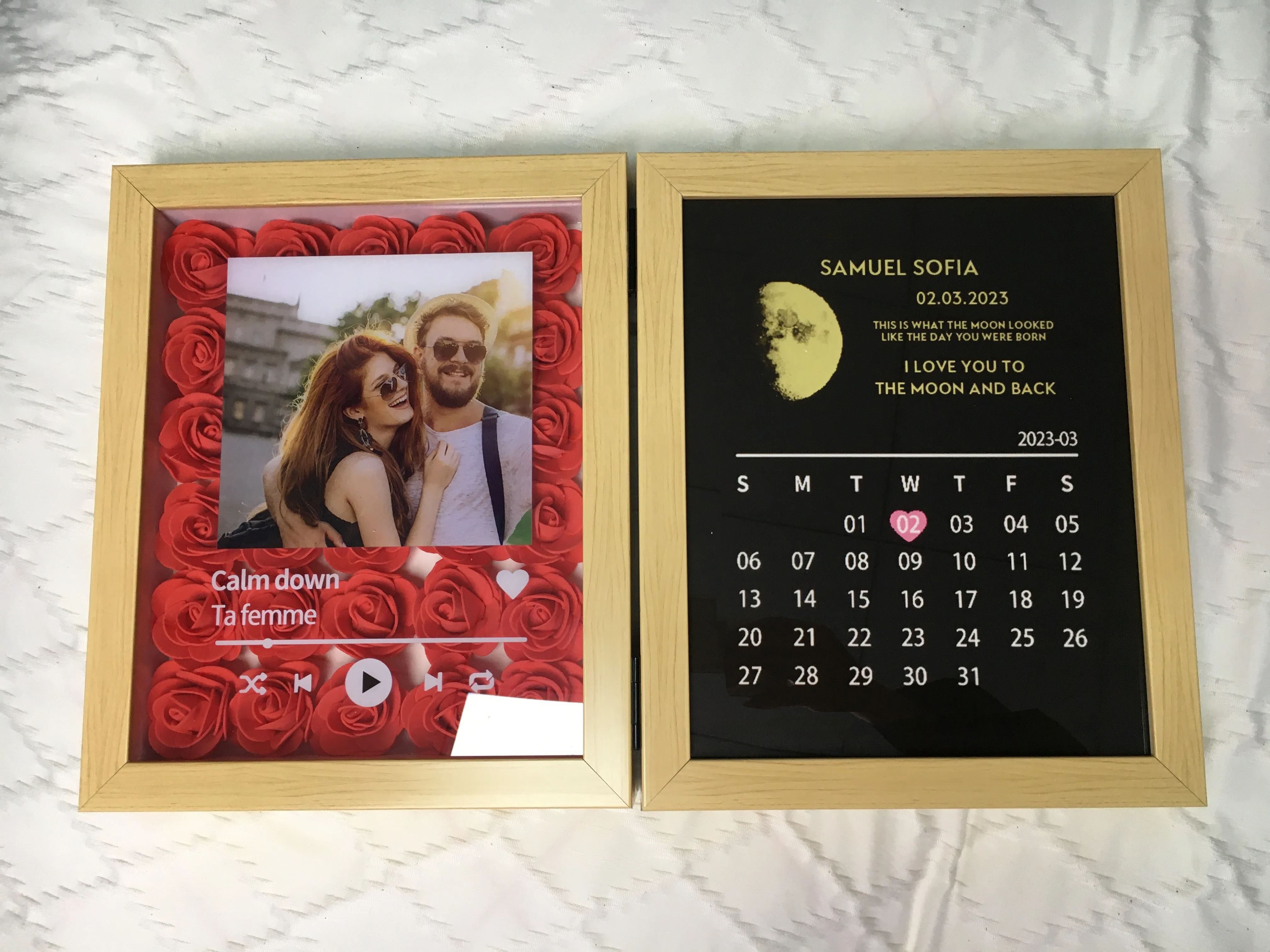 (Square With Song) Custom Flowers Frame with REAL MOON PHASE Anniversary Calendar
