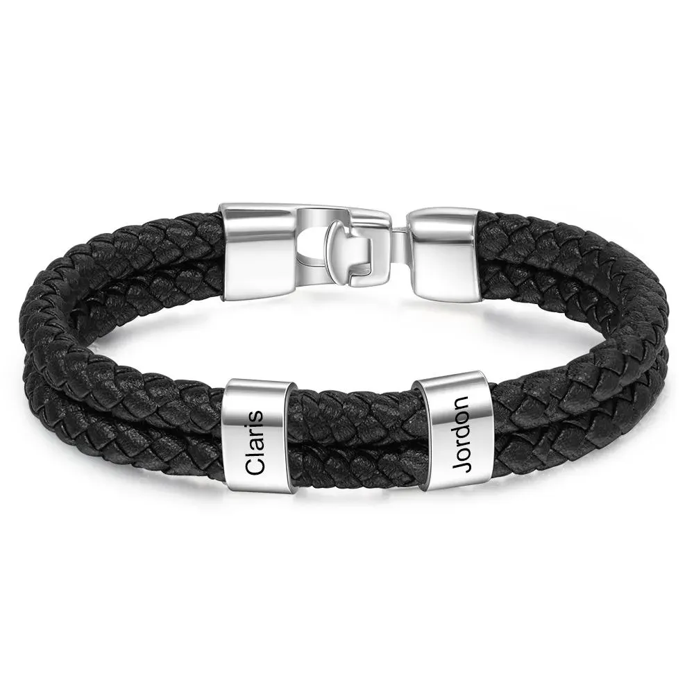 Personalised Braided Leather Bracelet Engraved 1 Name Men's Bracelet Gifts For Him