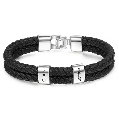 Personalised Braided Leather Bracelet Engraved 1 Name Men's Bracelet Gifts For Him