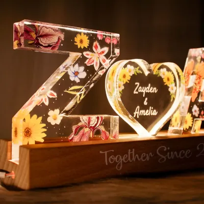 Couple Initials Floral Theme Anniversary Gift Personalized Acrylic Block LED Night Light