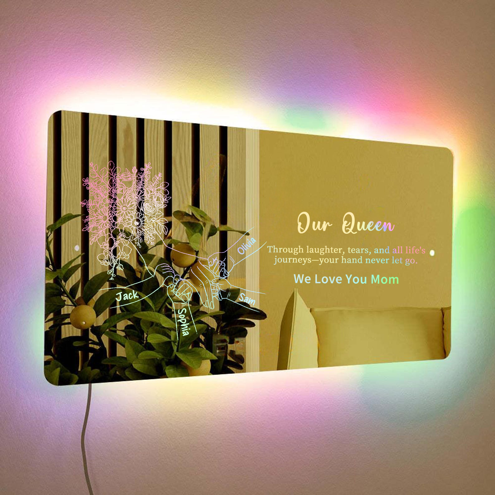 (Rose, Sunflower & Orchid) Personalized Mom Holding Hands Mirror Light - Custom Mother‘s Day Gifts for Mom