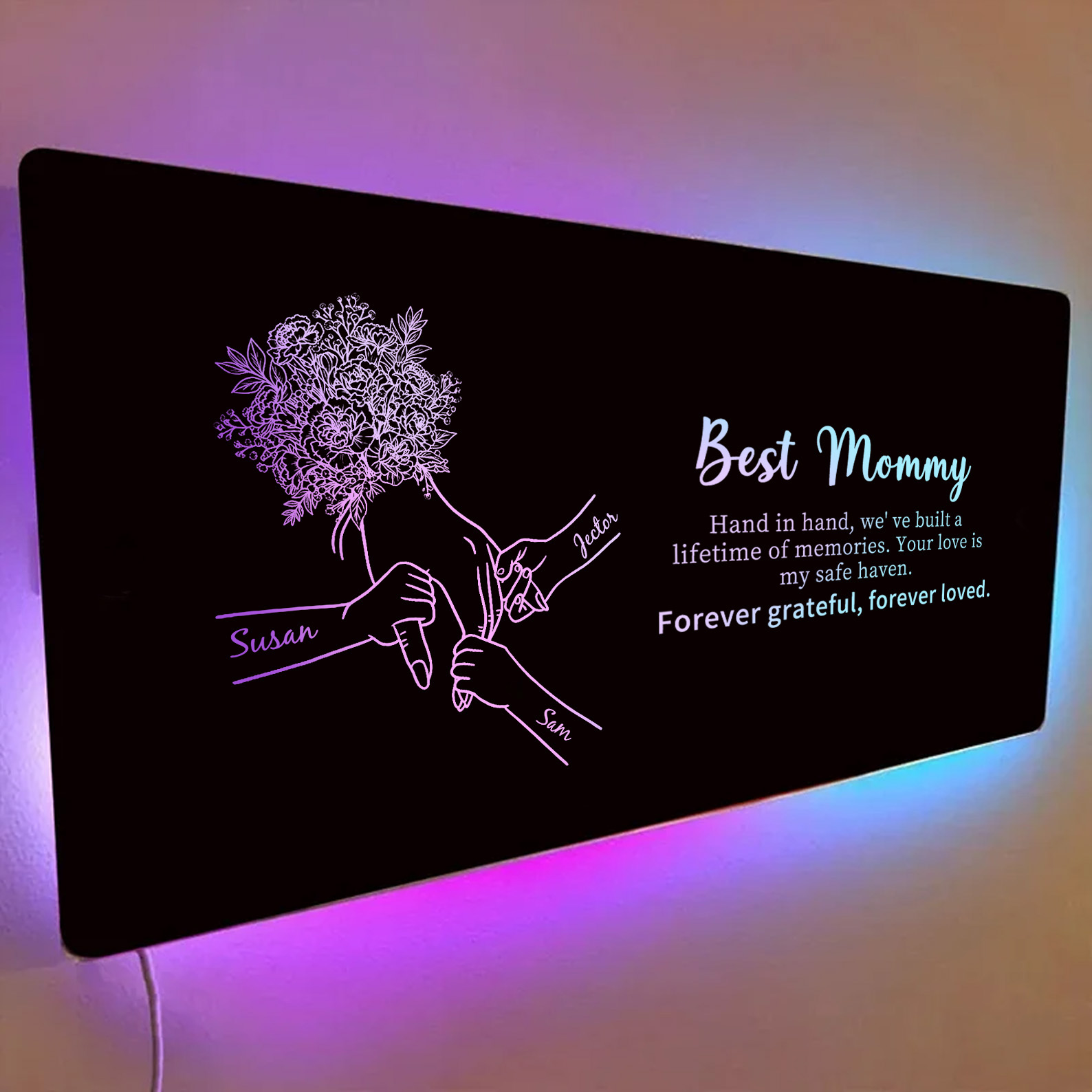 Custom Mom Holding Hands Mirror Light with Choice of Bouquet - Personalized Mother‘s Day Gifts for Mom