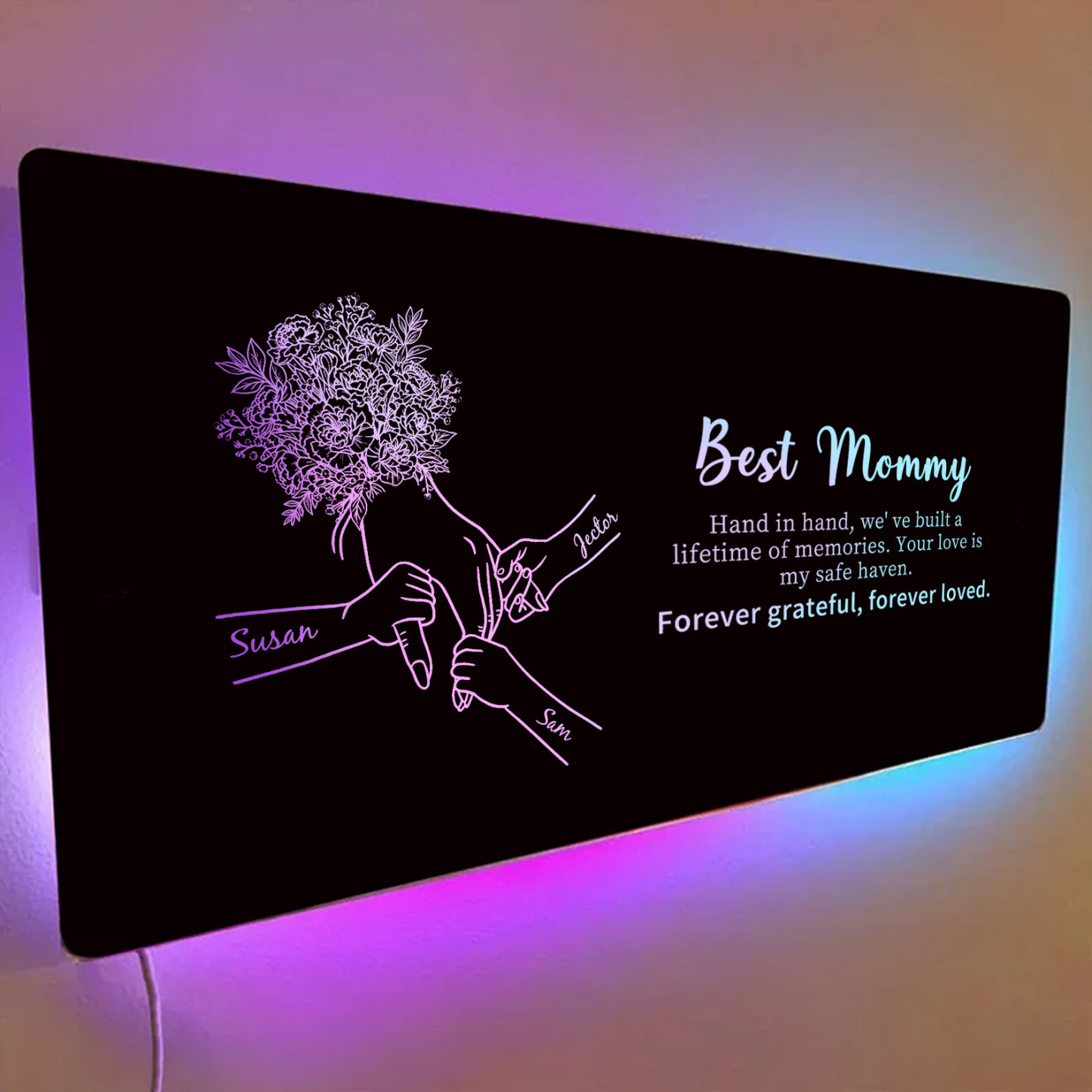 Custom Mom Holding Hands Mirror Light with Choice of Bouquet - Personalized Mother‘s Day Gifts for Mom