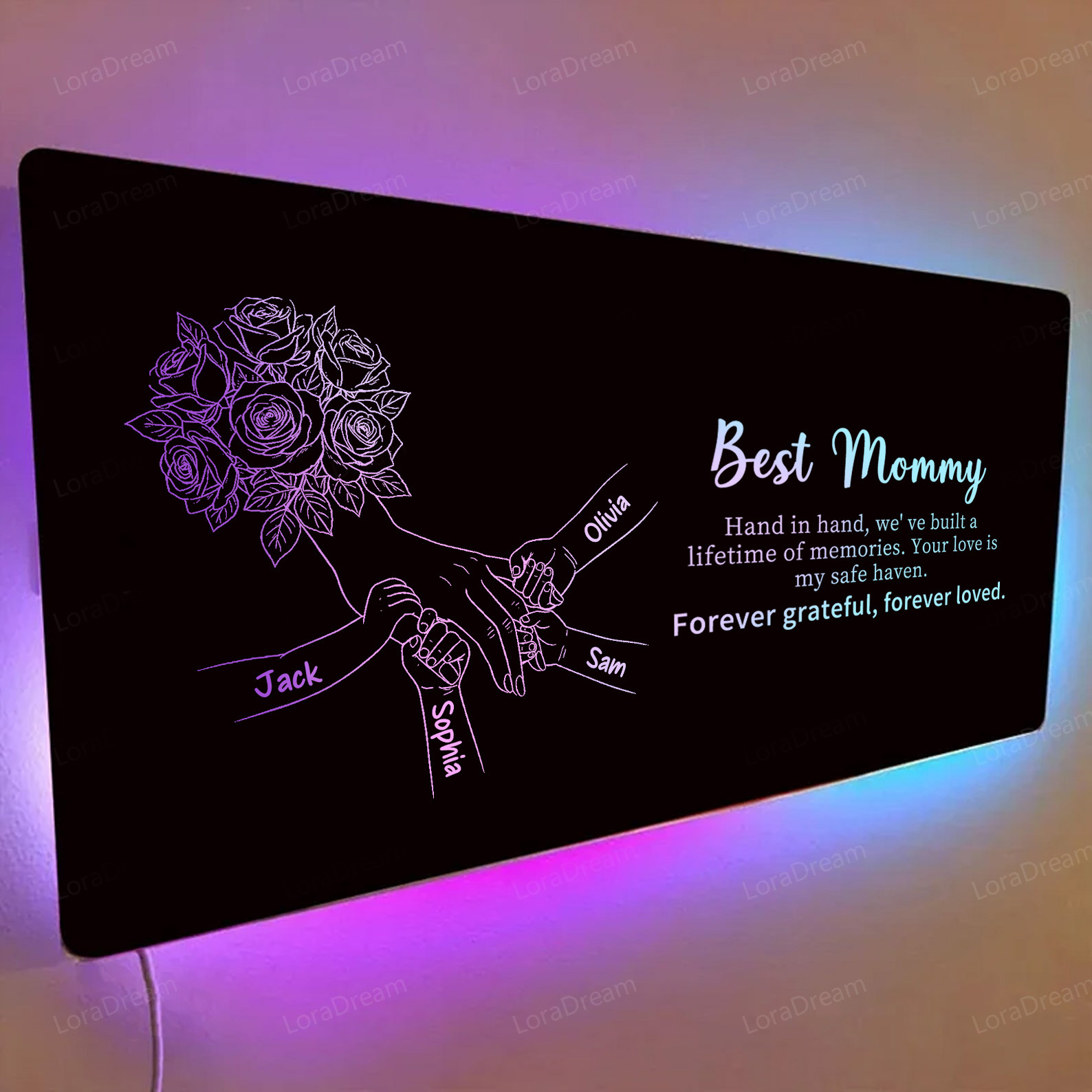 Custom Mom Holding Hands Mirror Light - Personalized Mother‘s Day Gifts with Choice of Bouquet for Mom