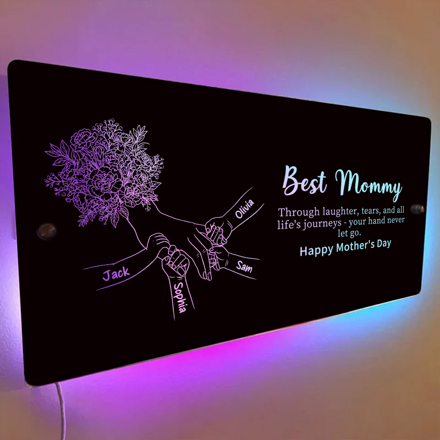 (Carnation) Personalized Mom Holding Hands Mirror Light - Custom Mother‘s Day Gifts for Mom