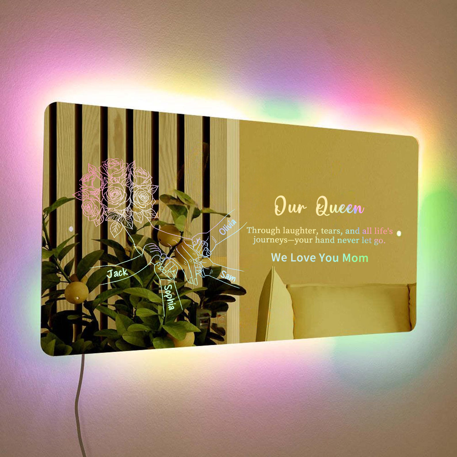 (Rose) Personalized Mom Holding Hands Mirror Light - Custom Mother‘s Day Gifts for Mom