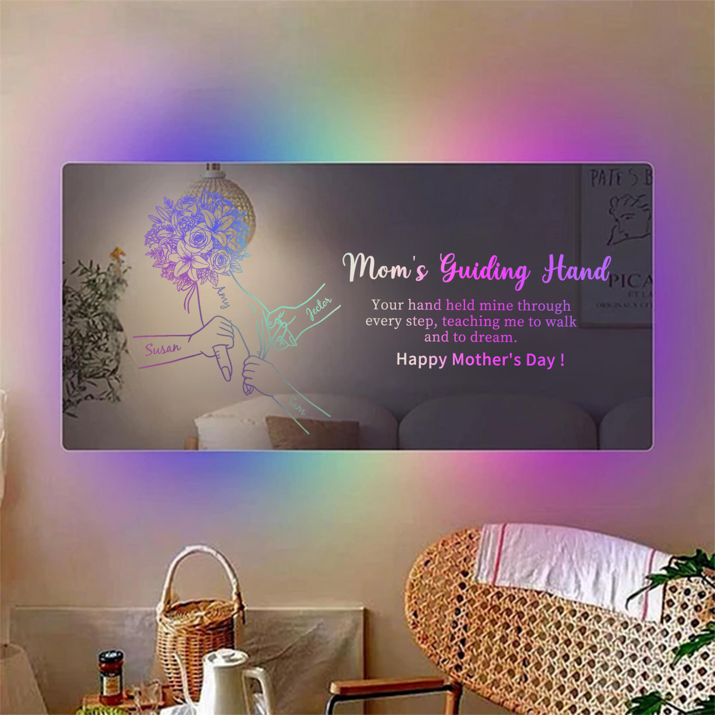 Custom Mom Holding Hands Mirror Light with Choice of Bouquet - Personalized Mother‘s Day Gifts for Mom