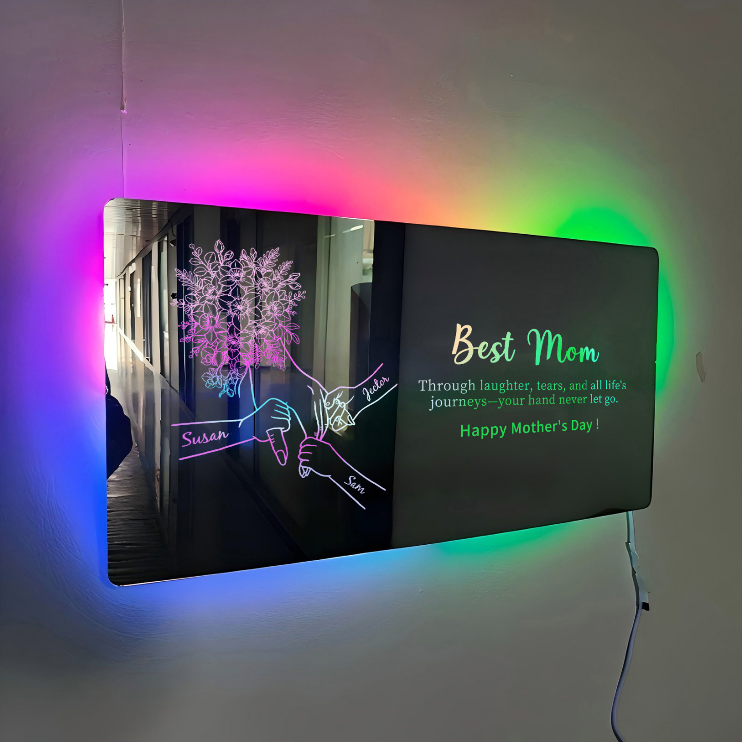Custom Mom Holding Hands Mirror Light with Choice of Bouquet - Personalized Mother‘s Day Gifts for Mom