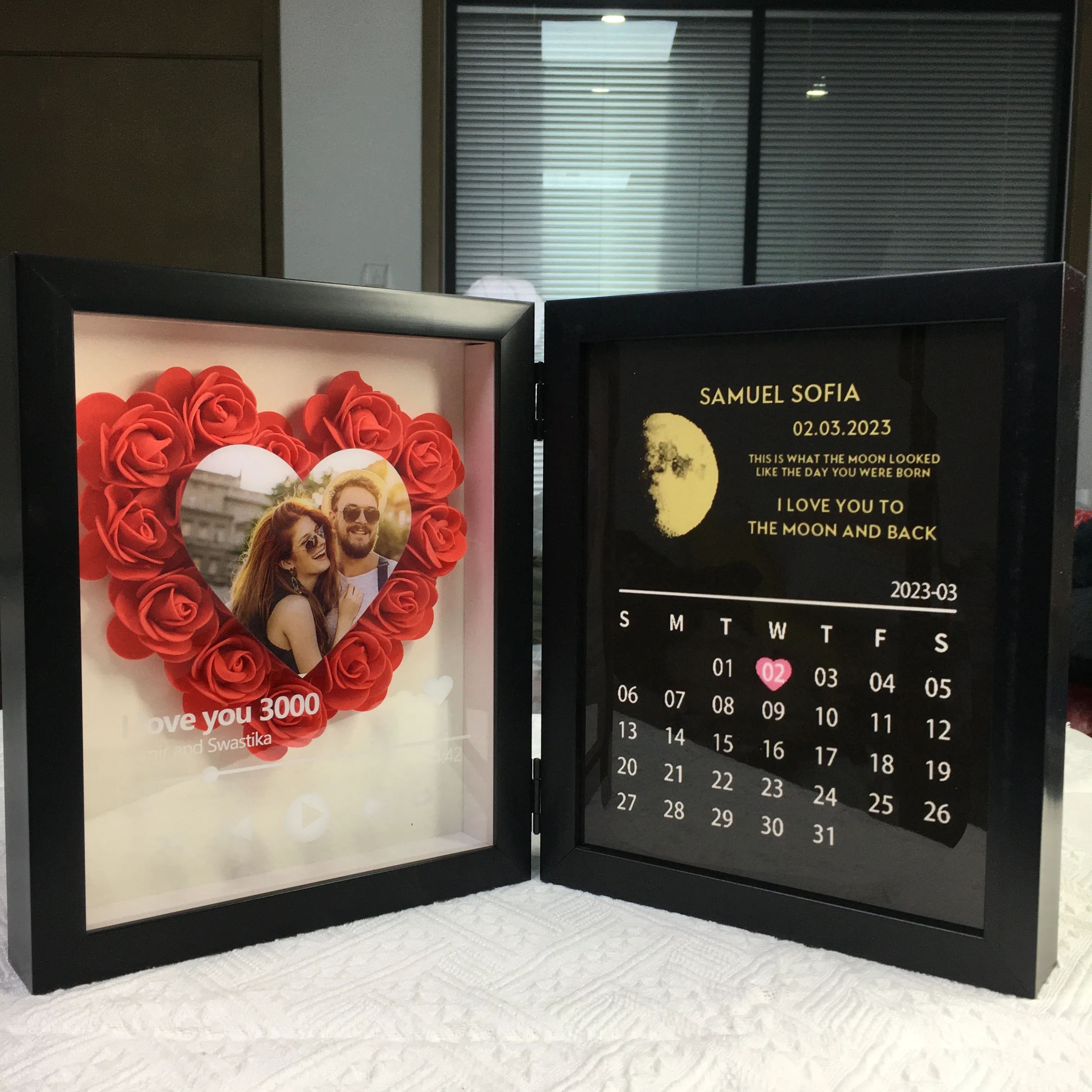 (Heart With Song) Custom Flowers Frame with REAL MOON PHASE Anniversary Calendar