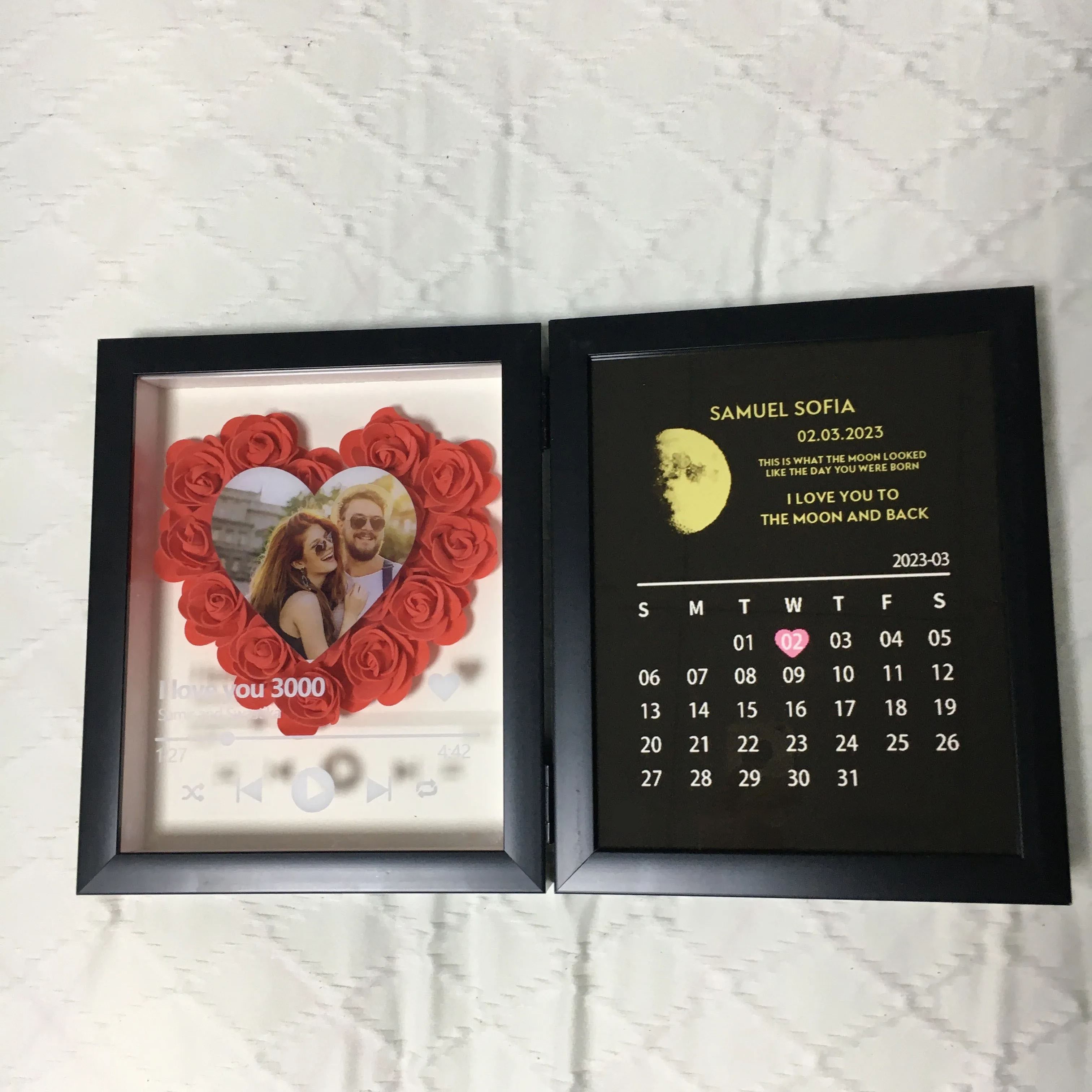 (Heart With Song) Custom Flowers Frame with REAL MOON PHASE Anniversary Calendar