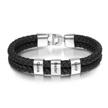Personalised Braided Leather Bracelet Engraved 1 Name Men's Bracelet Gifts For Him