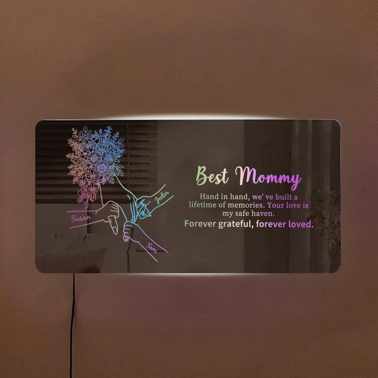 Custom Mom Holding Hands Mirror Light with Choice of Bouquet - Personalized Mother‘s Day Gifts for Mom