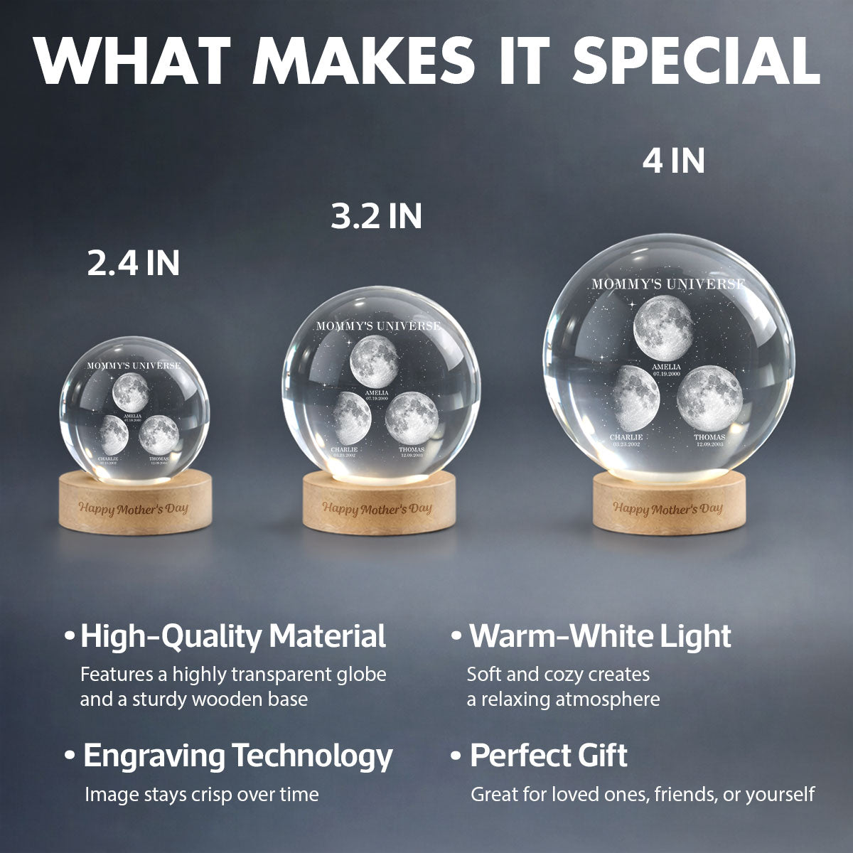Personalized Moon Phase Crystal Ball Night Light – Custom Date LED Gift for Mom, Wife (Mother’s Day Gift)