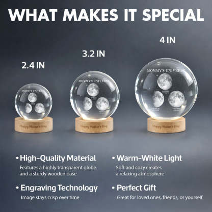 Personalized Moon Phase Crystal Ball Night Light – Custom Date LED Gift for Mom, Wife (Mother’s Day Gift)