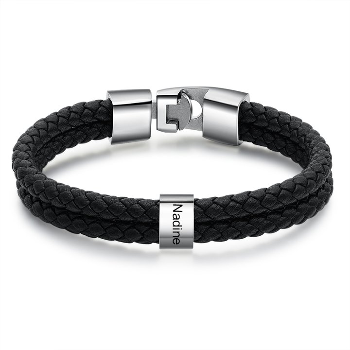 Personalised Braided Leather Bracelet Engraved 1 Name Men's Bracelet Gifts For Him