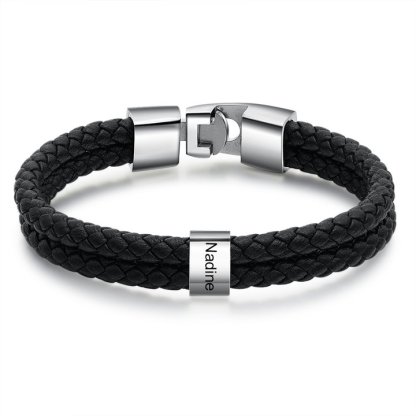 Personalised Braided Leather Bracelet Engraved 1 Name Men's Bracelet Gifts For Him