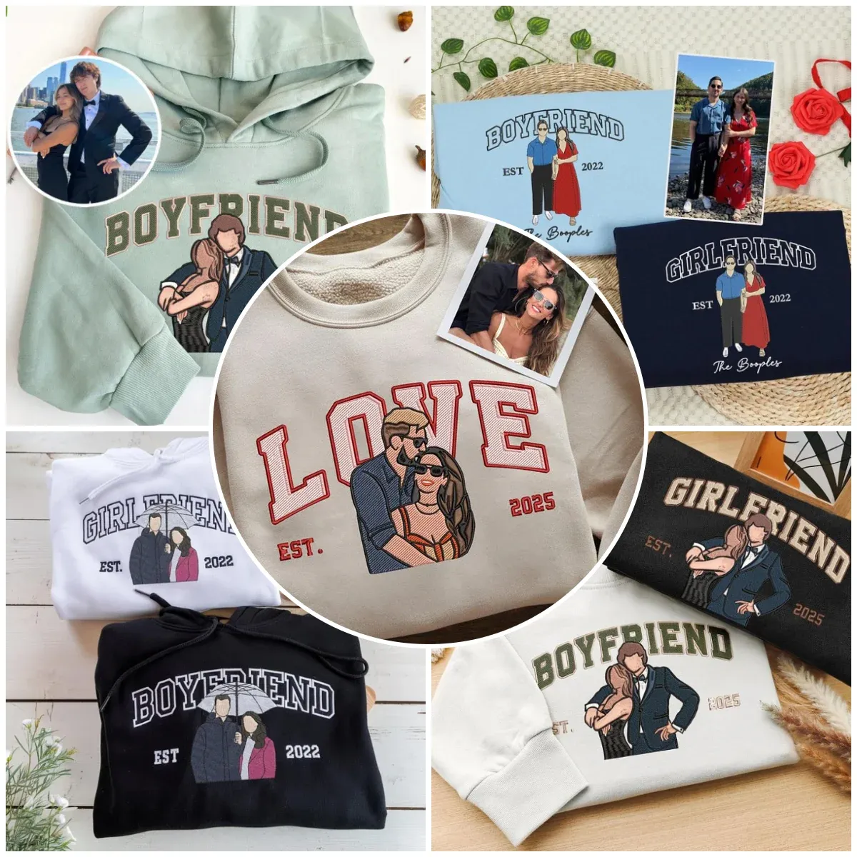 Personalized Embroidered Photo Couple Boyfriend and Girlfriend Matching Sweatshirts