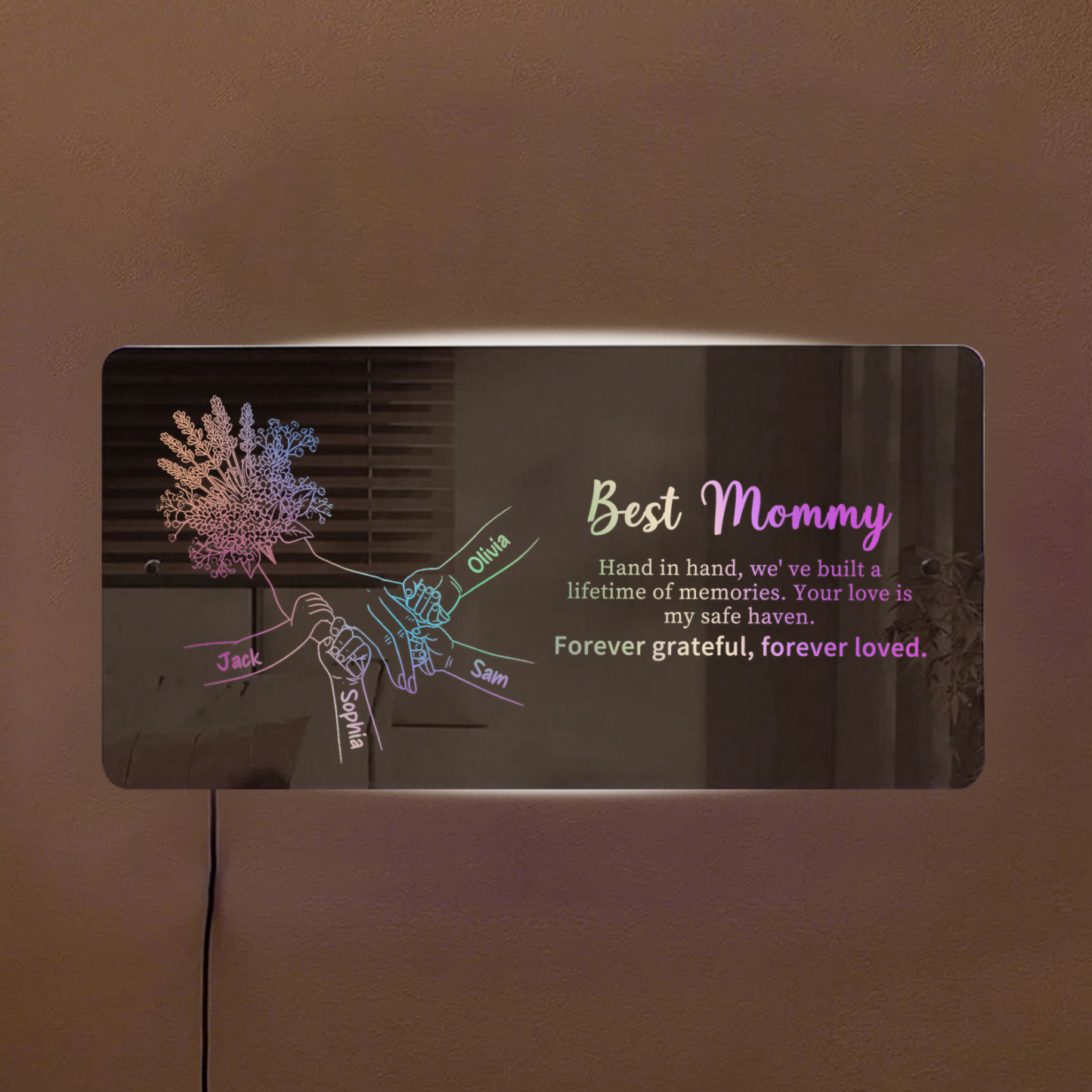 (Lavender) Personalized Mom Holding Hands Mirror Light - Custom Mother‘s Day Gifts for Mom